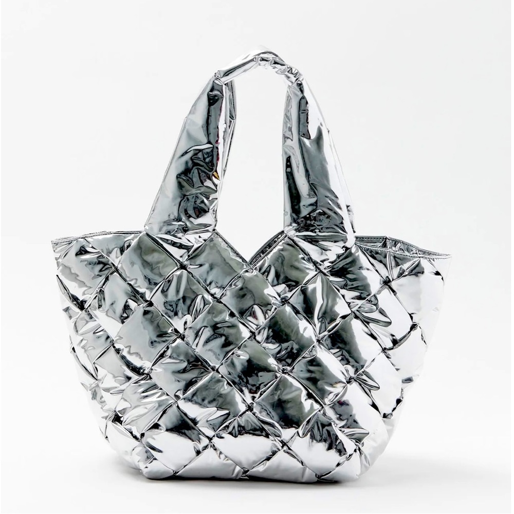 Bottega Veneta Silver Padded Cassette Mirror Tote w/Detachable Zip Pouch